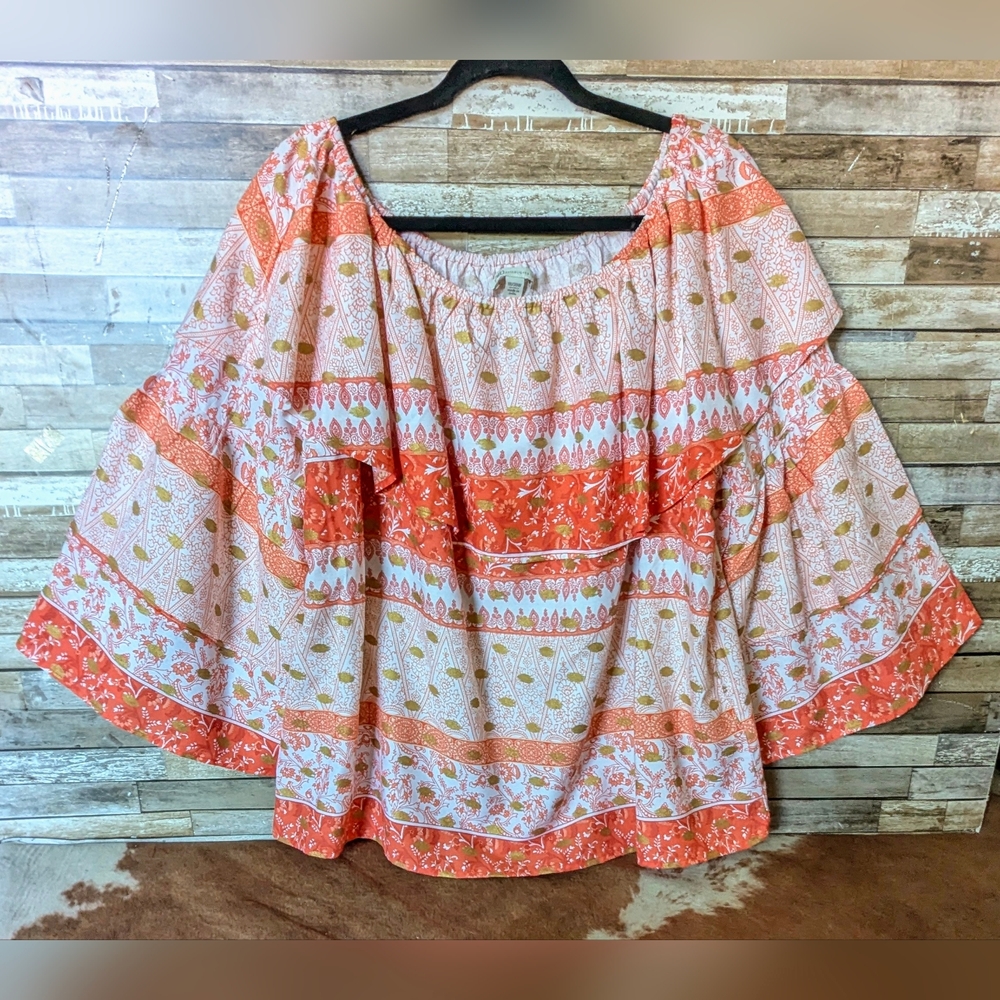 New Cato Paris Spring Tiger Lily Ruffled Blouse With Flared Sleeves